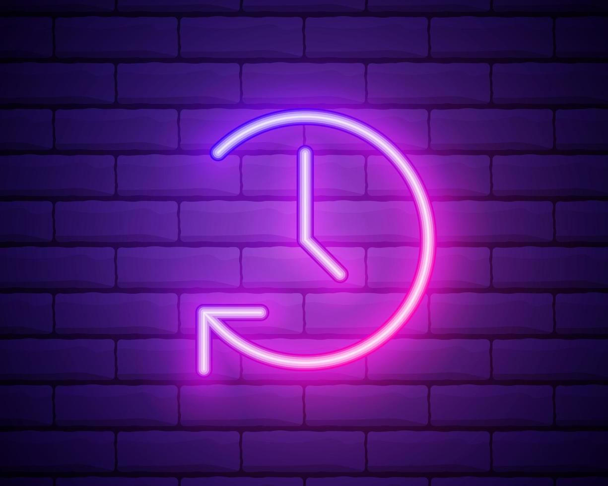 Glowing neon Clock with arrow icon isolated on brick wall background. Time symbol. Clockwise rotation icon arrow and time. Vector Illustration