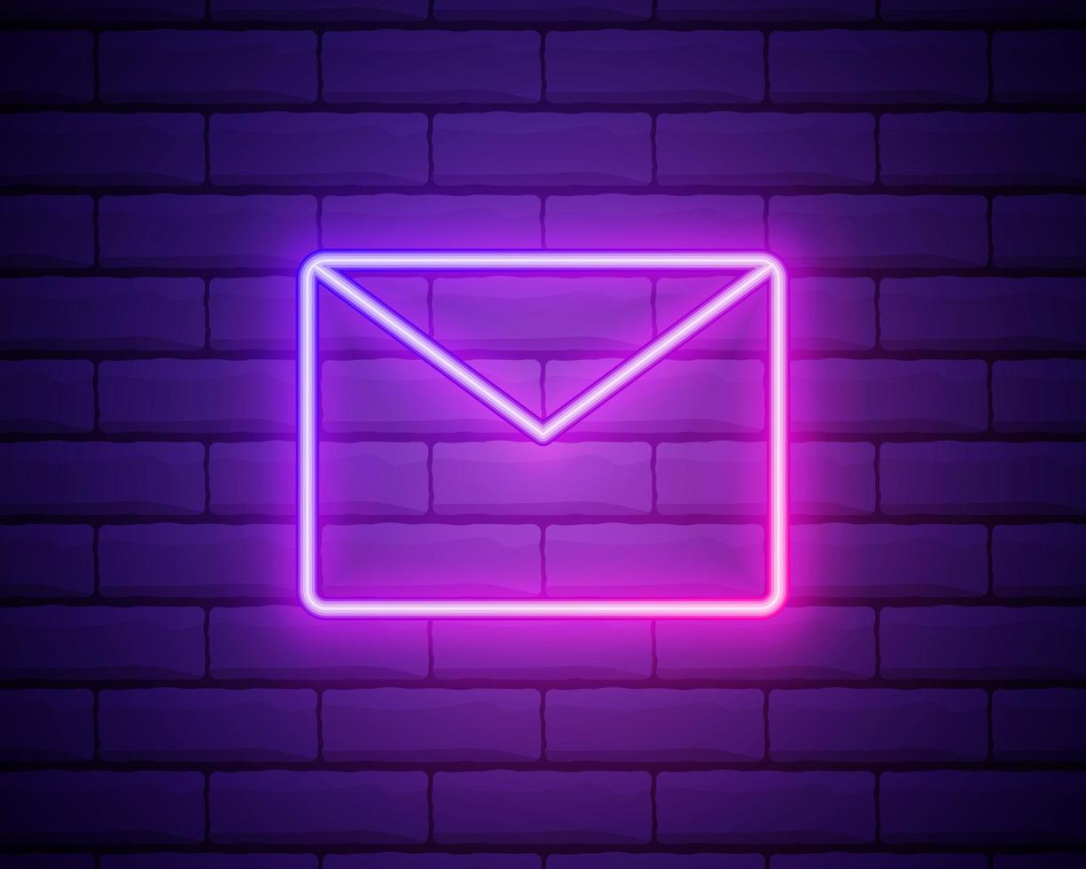 Glowing neon line Mail and e-mail icon isolated on brick wall background. Envelope symbol e-mail. Email message sign. Colorful outline concept. Vector