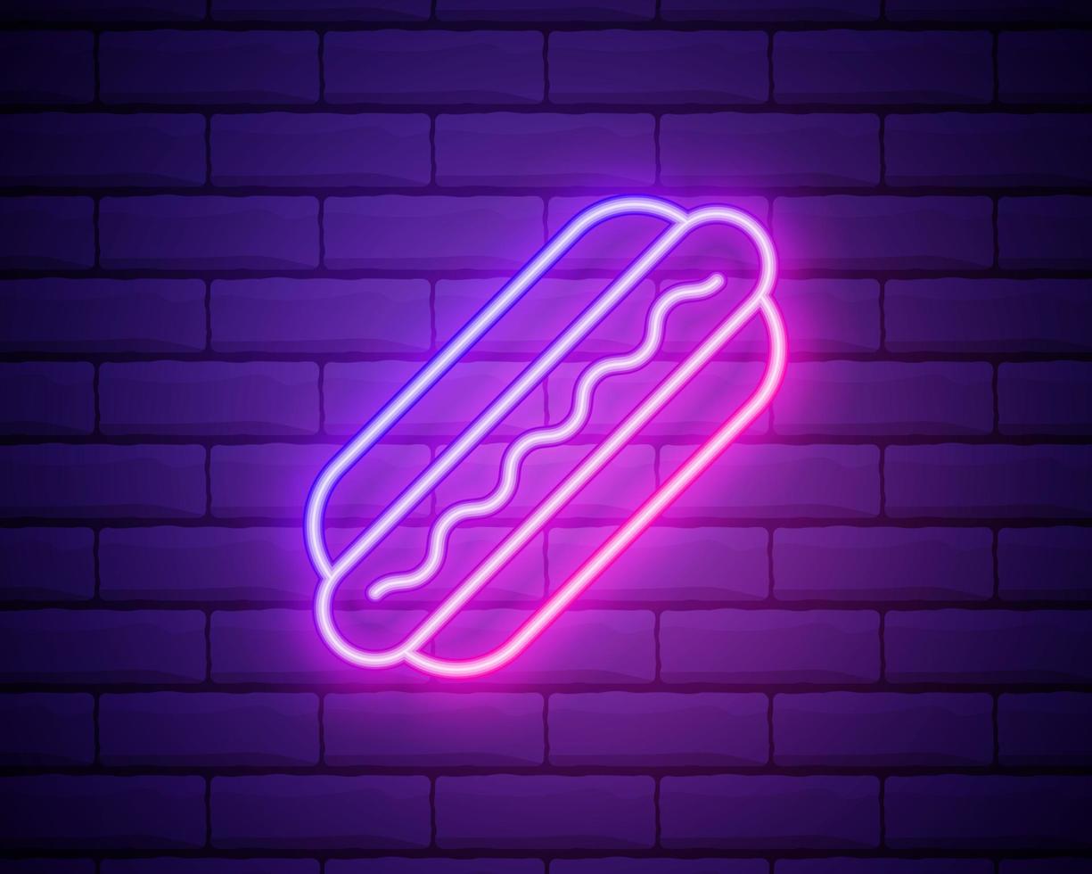 Neon hot dog sign. Glowing hot dog neon sign. Food concept. Night bright advertisement. Vector illustration in neon style for night cafe or restaurant isolated on brick wall background