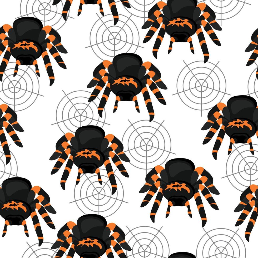 Tarántula de patrones sin fisuras, animal brillante con ocho patas y telaraña sobre un fondo blanco. vector