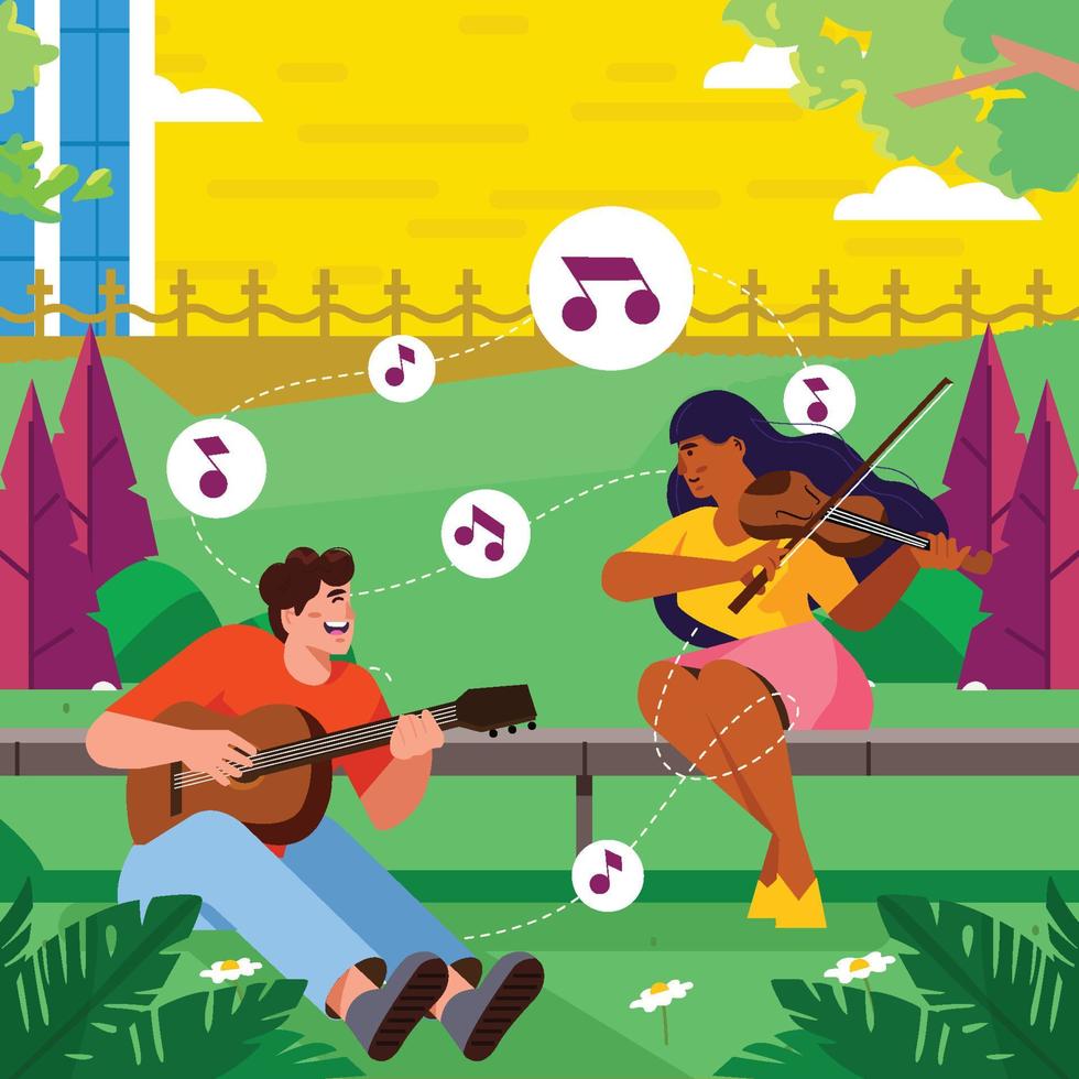 Two Musicians Collaborate In The Park Concept vector