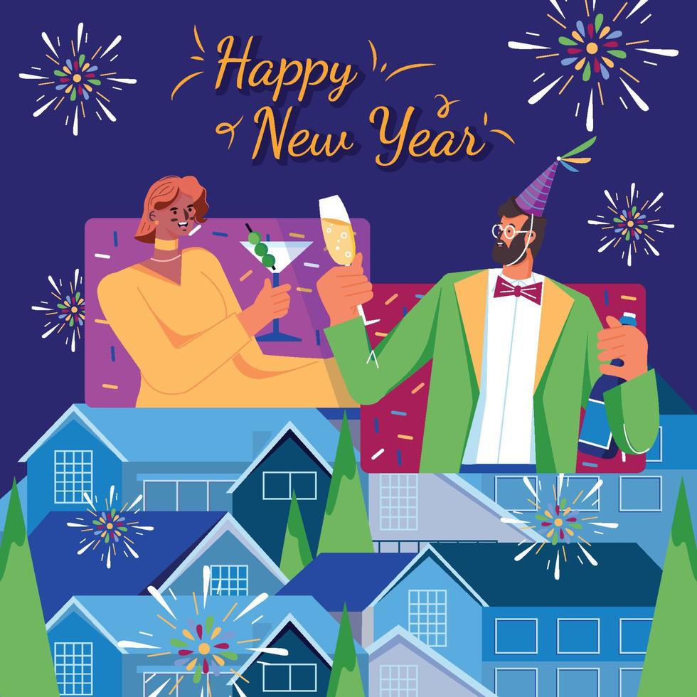 Neighbours Celebrate New Year's Eve Online Concept vector