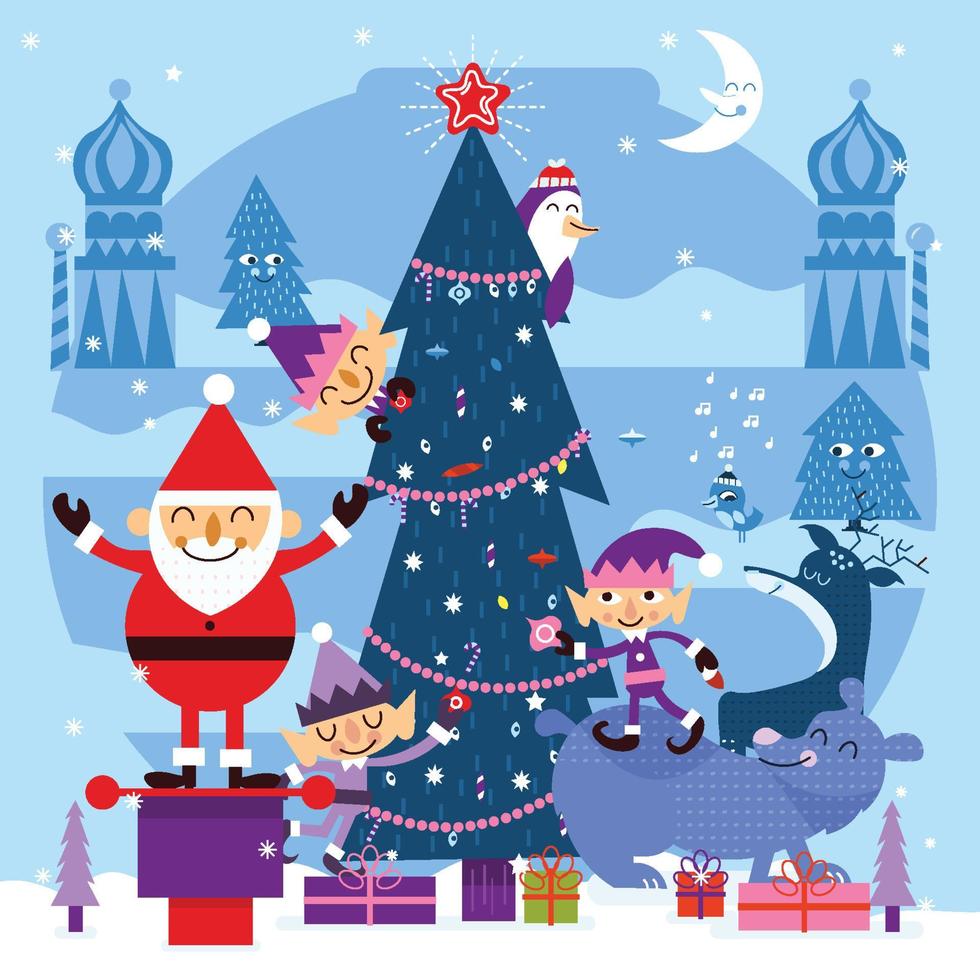 Santa And Friends Decorating Christmas Tree Concept vector