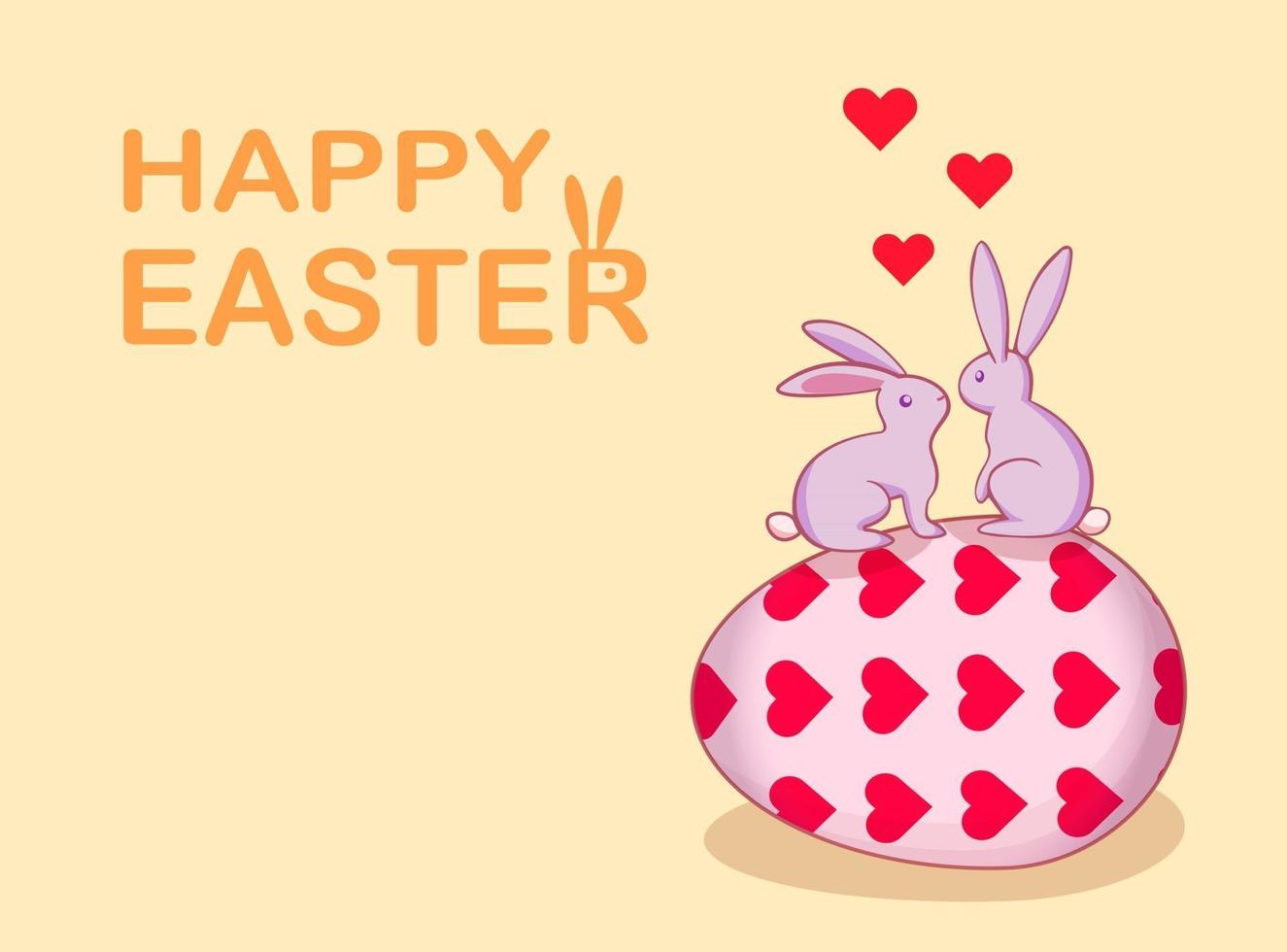 Vector easter bunny love, rabbits kissing each other standing on egg
