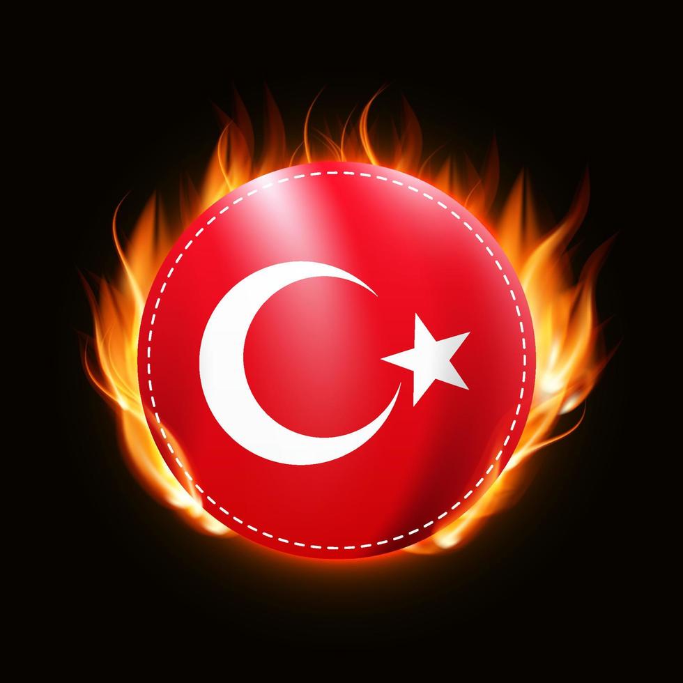 Turkey flag on fire background. Country emblem. Vector Illustration