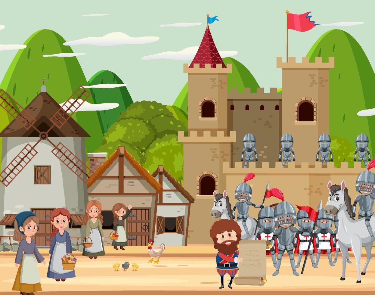 escena de la ciudad medieval con aldeanos. vector