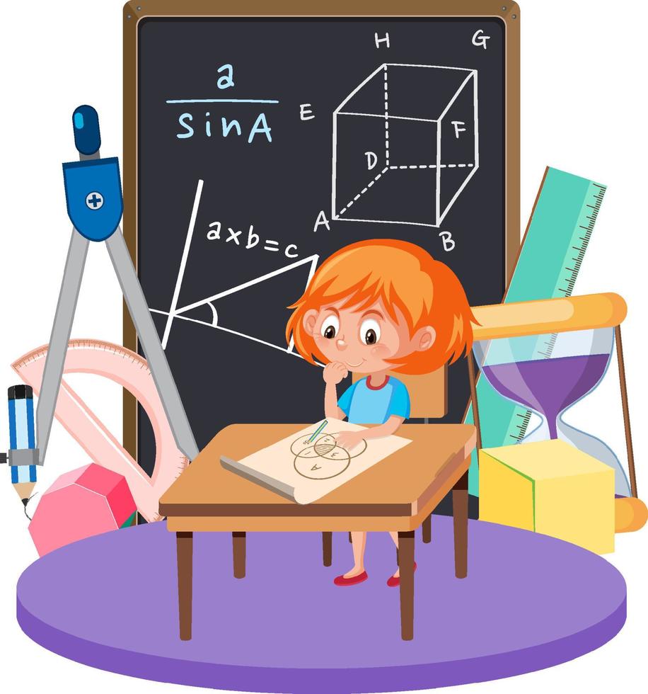 niña aprendiendo matemáticas con símbolo e icono de matemáticas vector