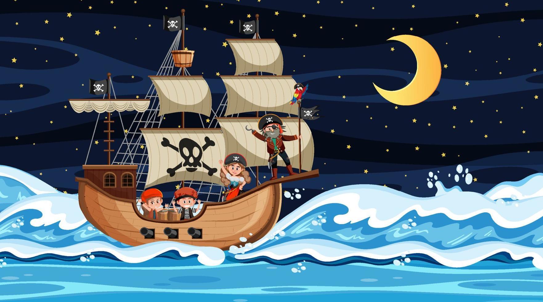 Ocean with Pirate ship at night scene in cartoon style vector
