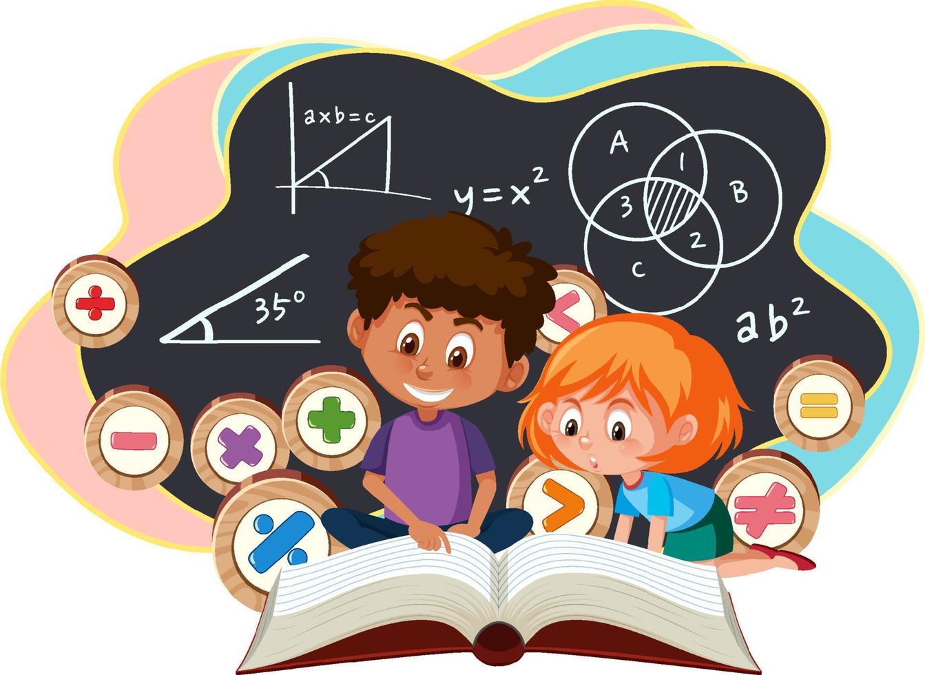 Children learning math with math symbol and icon vector