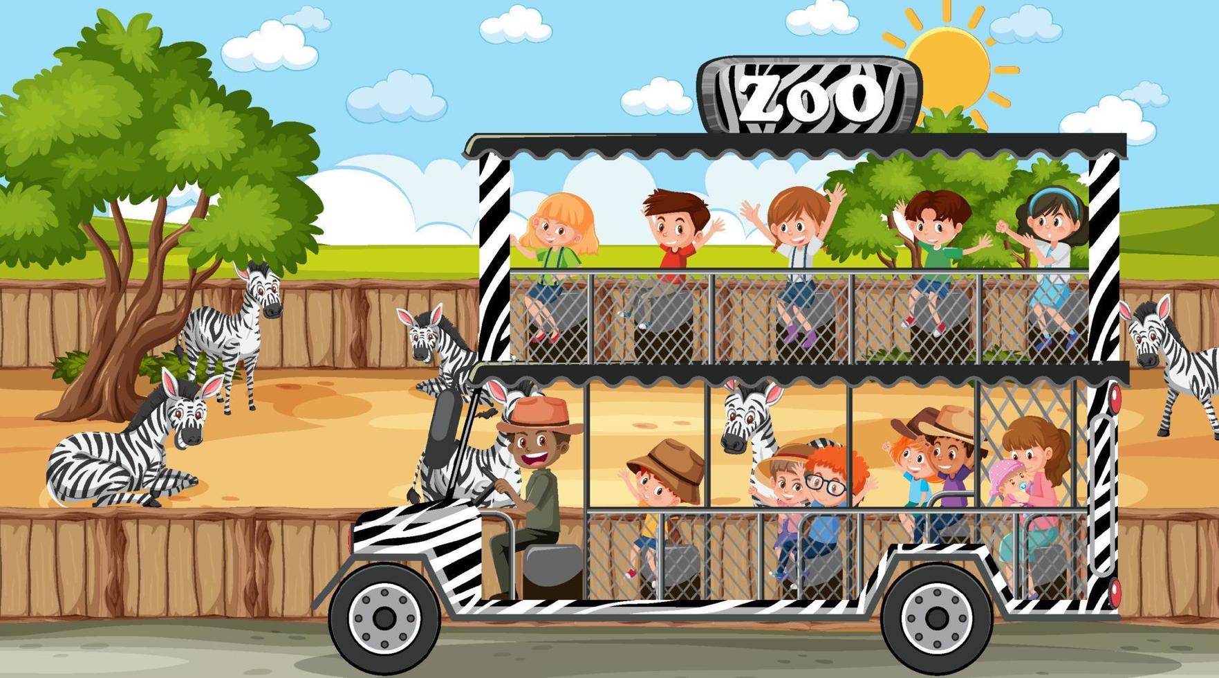 Safari at day time scene with many kids watching zebra group vector