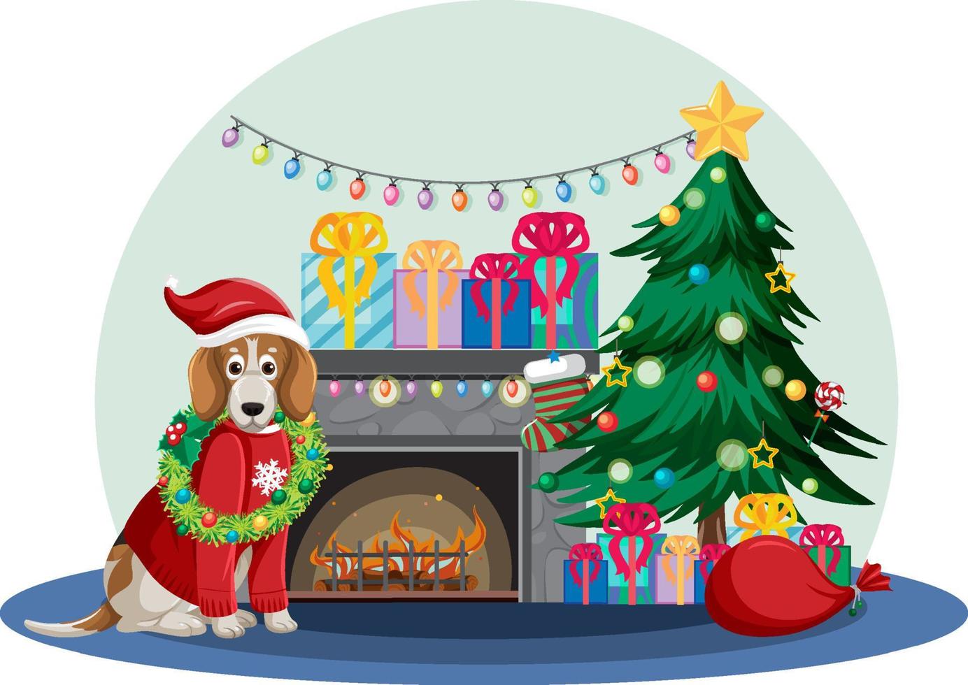 Fireplace with a dog and Christmas decorations vector