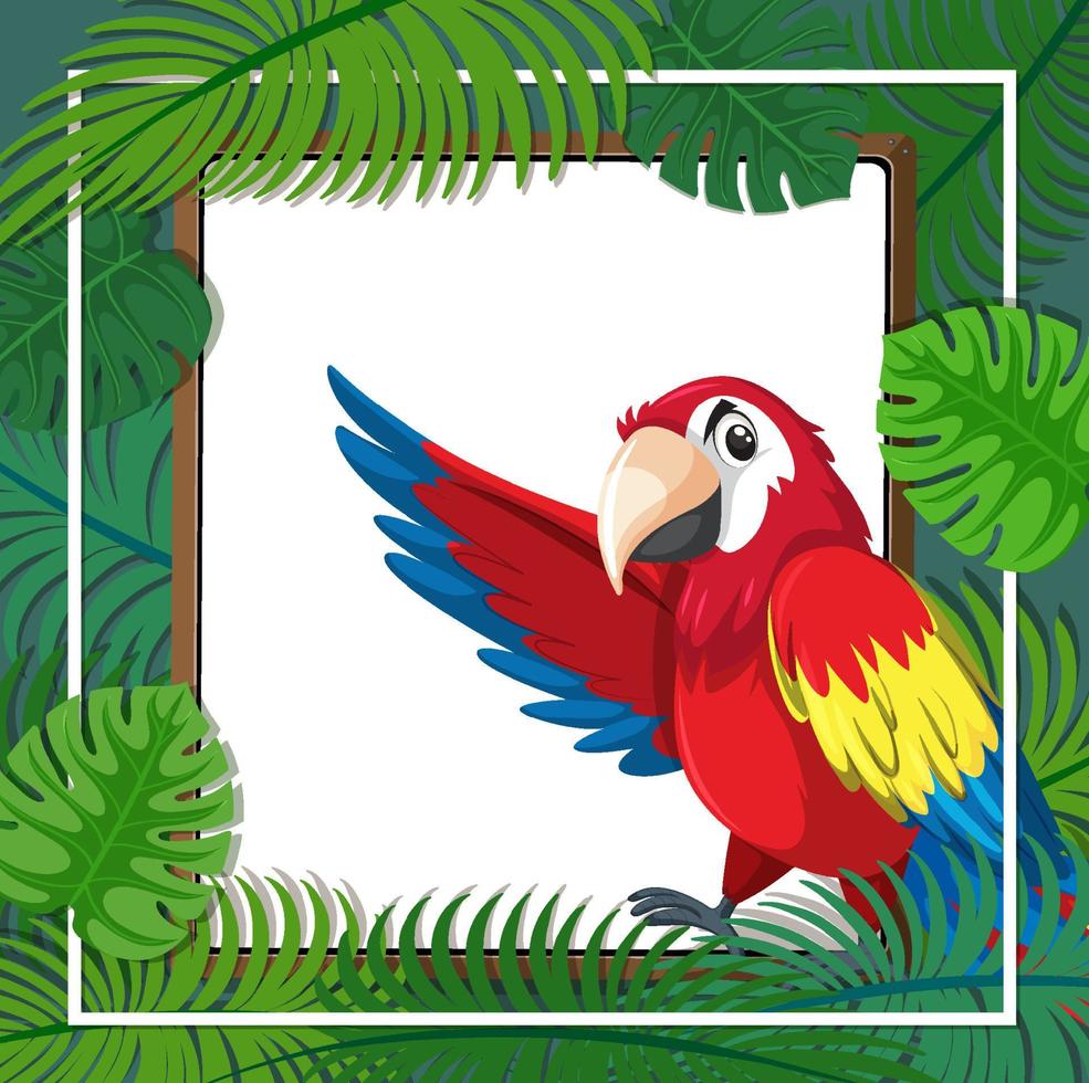 Empty banner with tropical leaves frame and parrot bird cartoon character vector