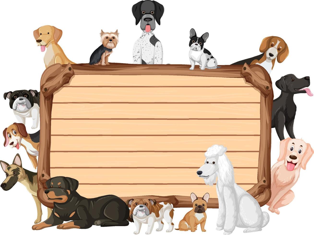 Tabla de madera vacía con varias razas de perros. vector