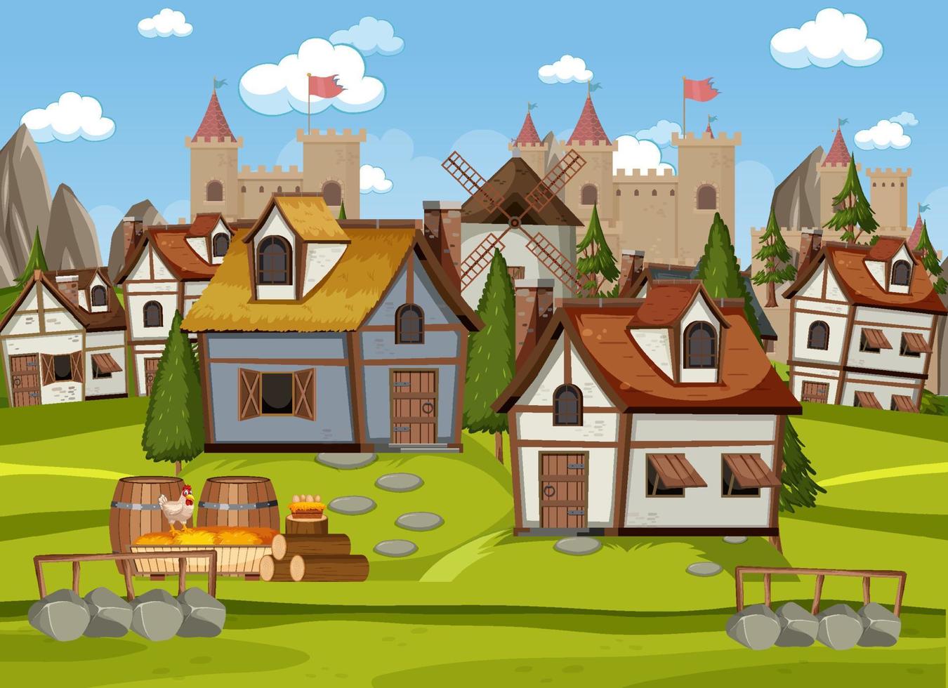 Medieval village scene with castle background vector