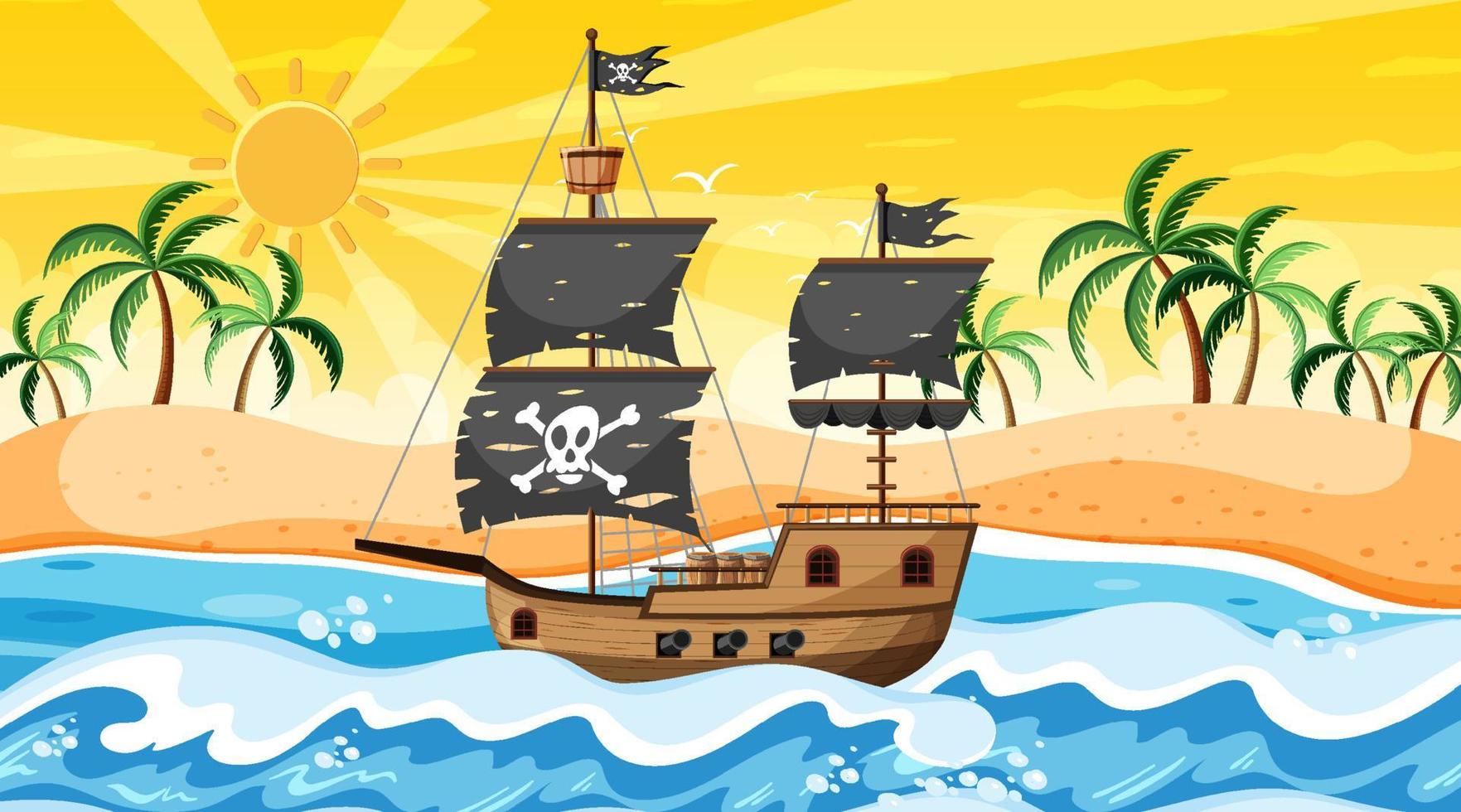 Océano con barco pirata en la escena del atardecer en estilo de dibujos animados vector