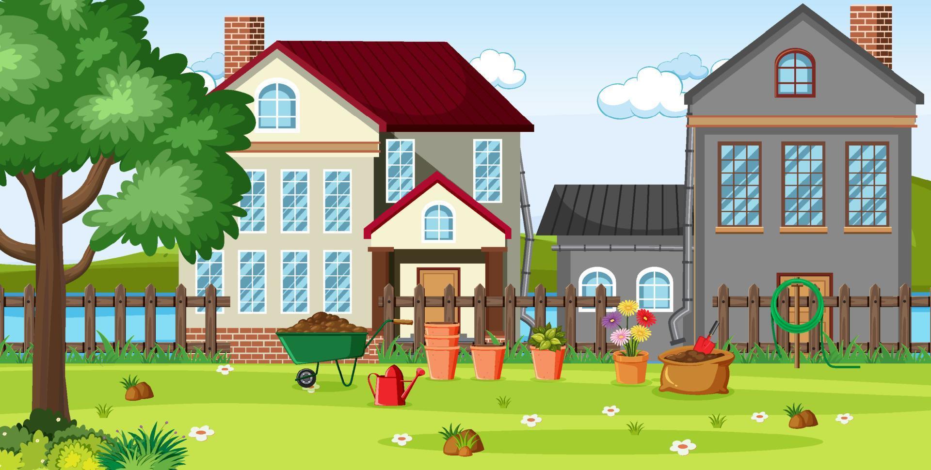 Landscape scene with garden in front of the houses vector