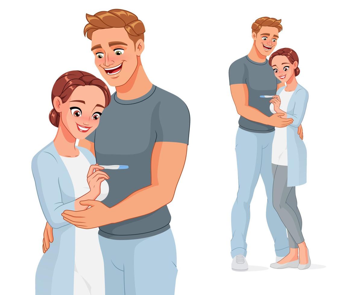 Happy pregnant couple with pregnancy test cartoon vector illustration