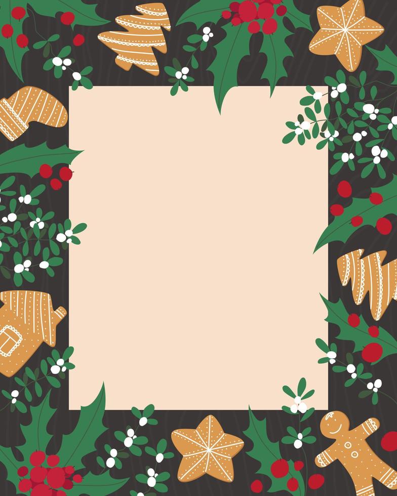 Christmas frame with gingerbread, mistletoe and holly in vertical format vector