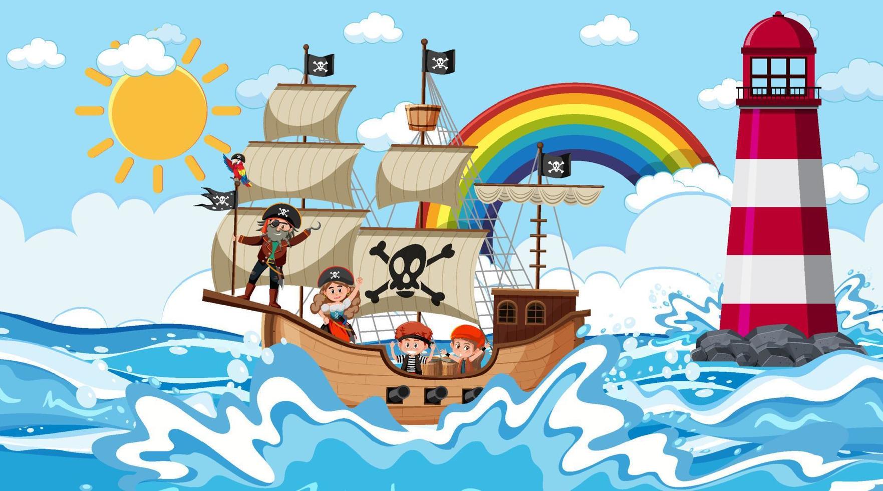 playa con barco pirata en la escena diurna en estilo de dibujos animados vector