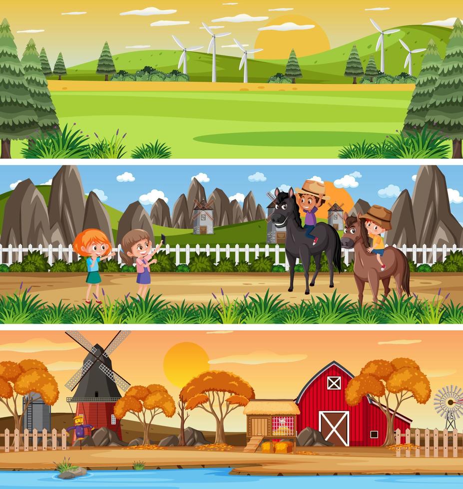 Set of different nature landscape at daytime scene with cartoon character vector