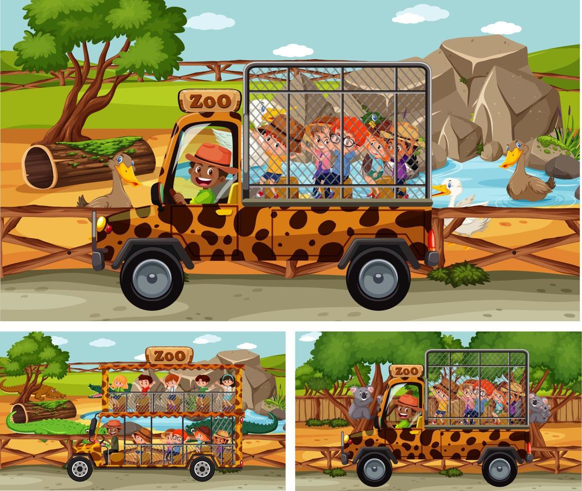 Different safari scenes with animals and kids cartoon character vector