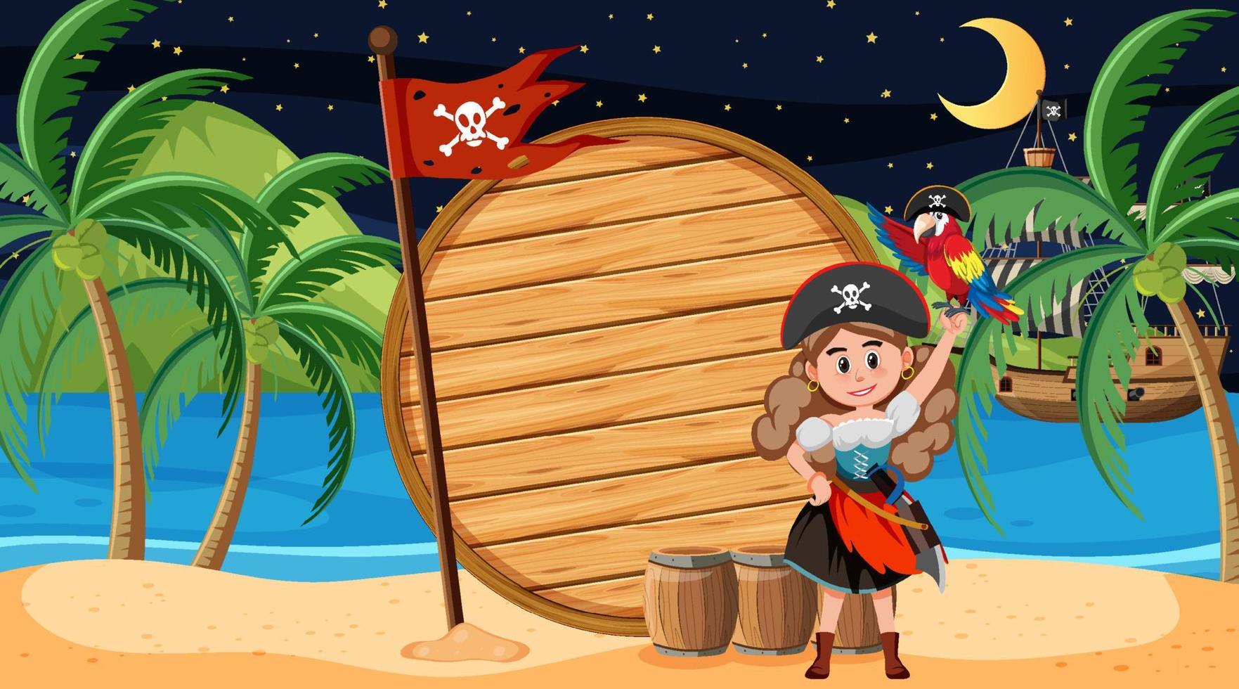 Pirate kids at the beach night scene with an empty wooden banner template vector
