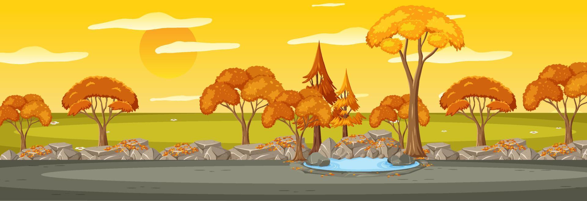 Park in autumn season horizontal scene at sunset time vector