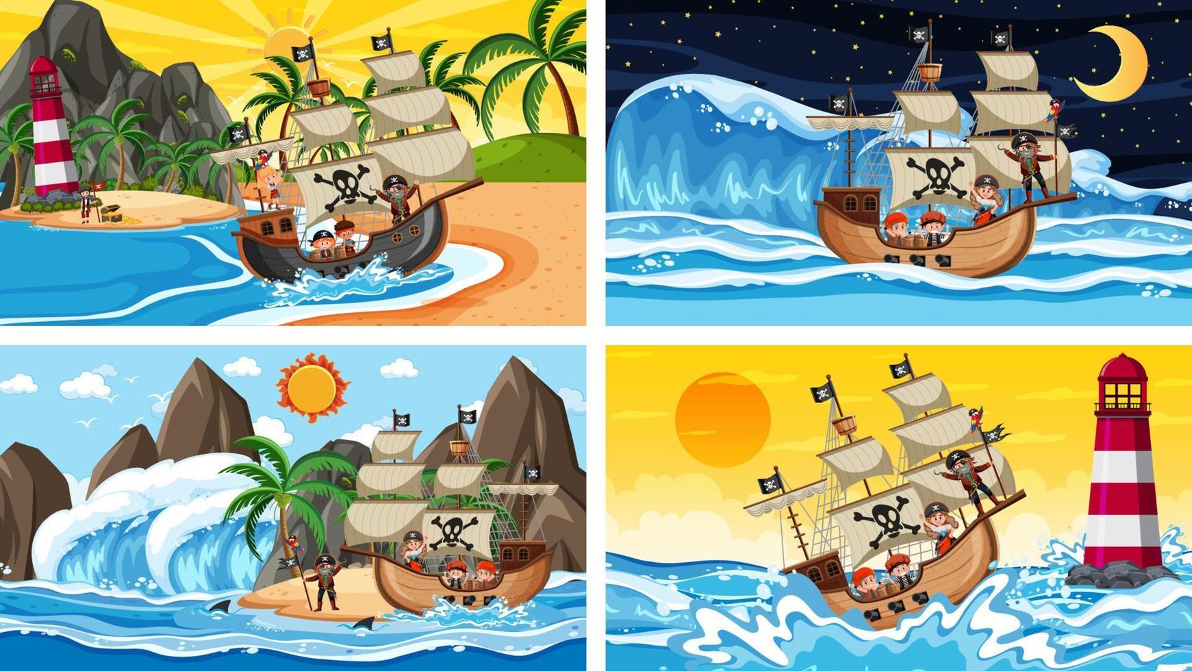 Set of different beach scenes with pirate ship vector