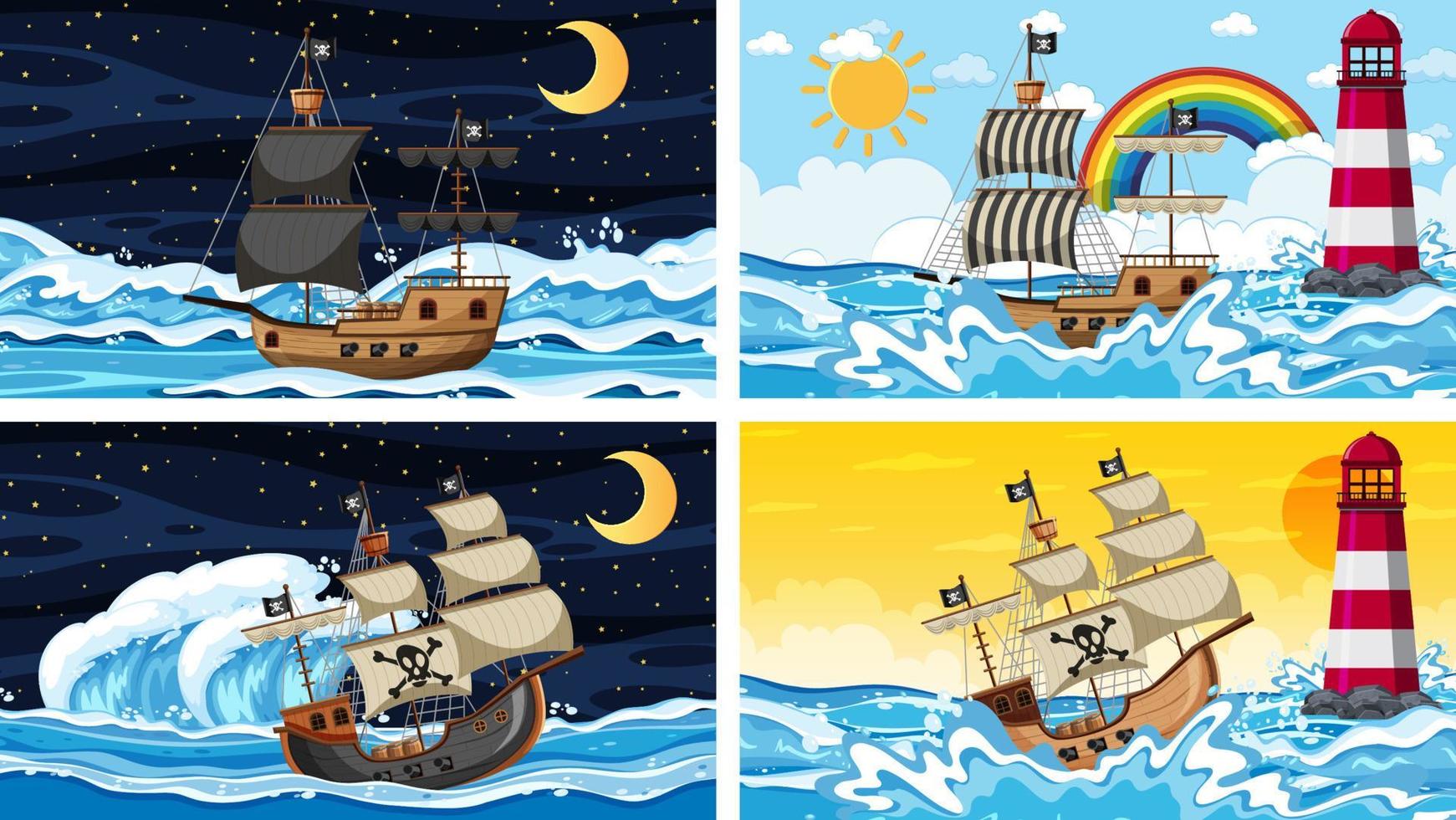 Set of different beach scenes with pirate ship vector