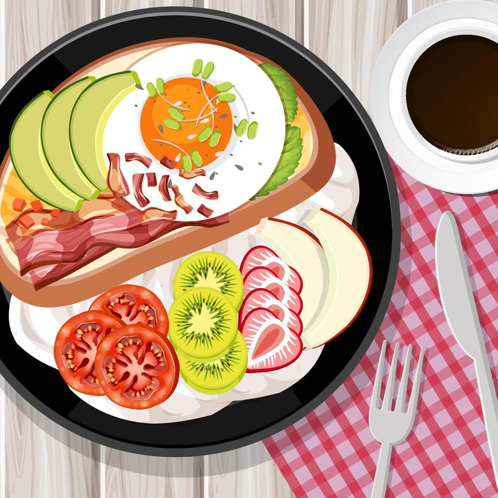 Top view of breakfast meal in cartoon style on the table vector