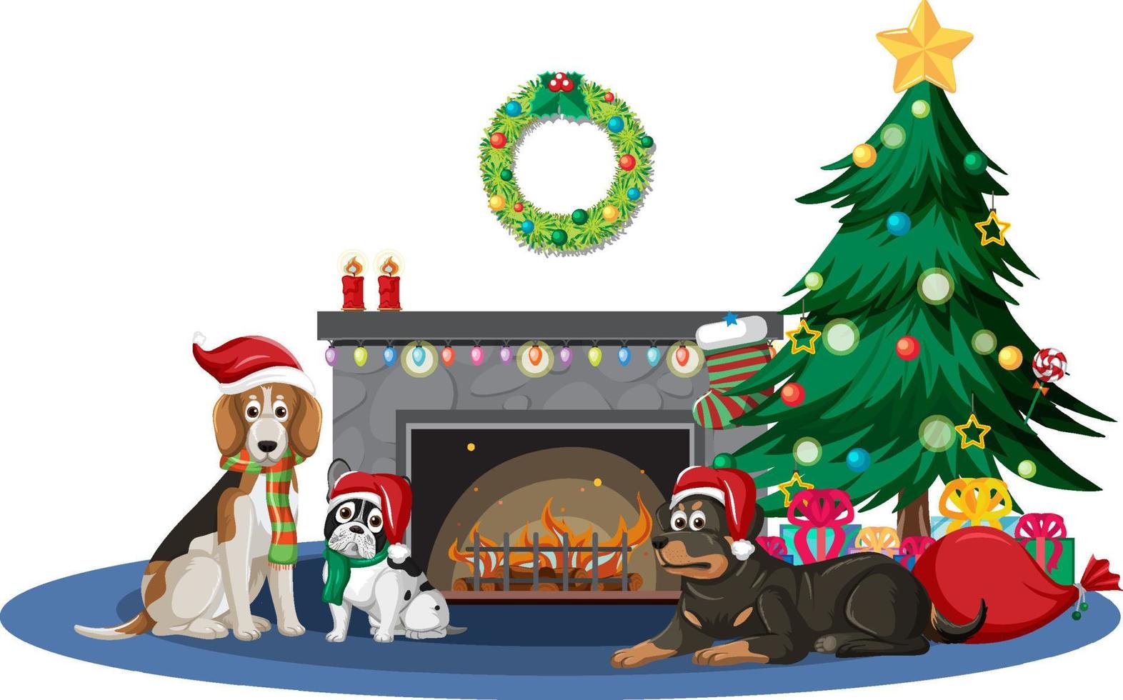 Chimenea con muchos perros y adornos navideños. vector