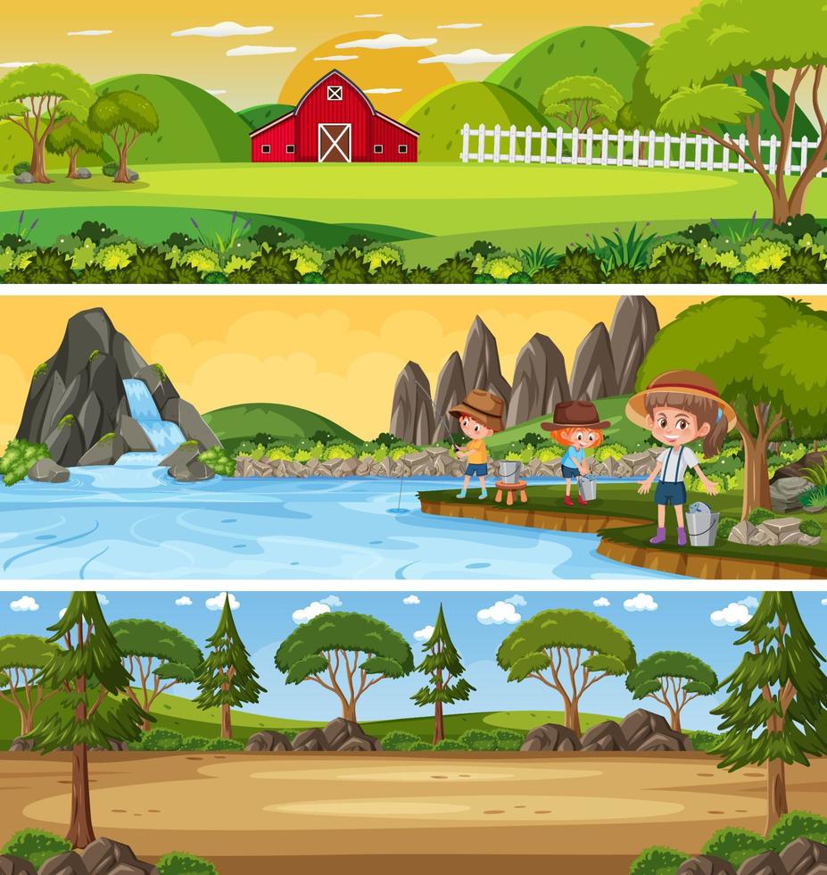 paisaje de naturaleza diferente en la escena diurna con personaje de dibujos animados vector