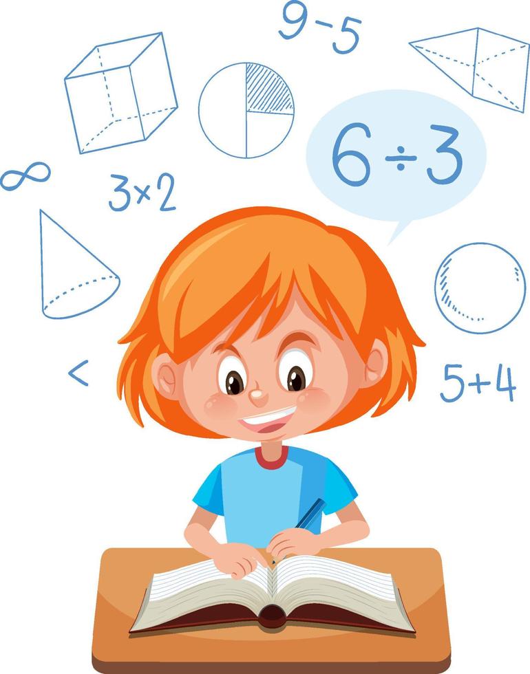 niña aprendiendo matemáticas con símbolo e icono de matemáticas vector