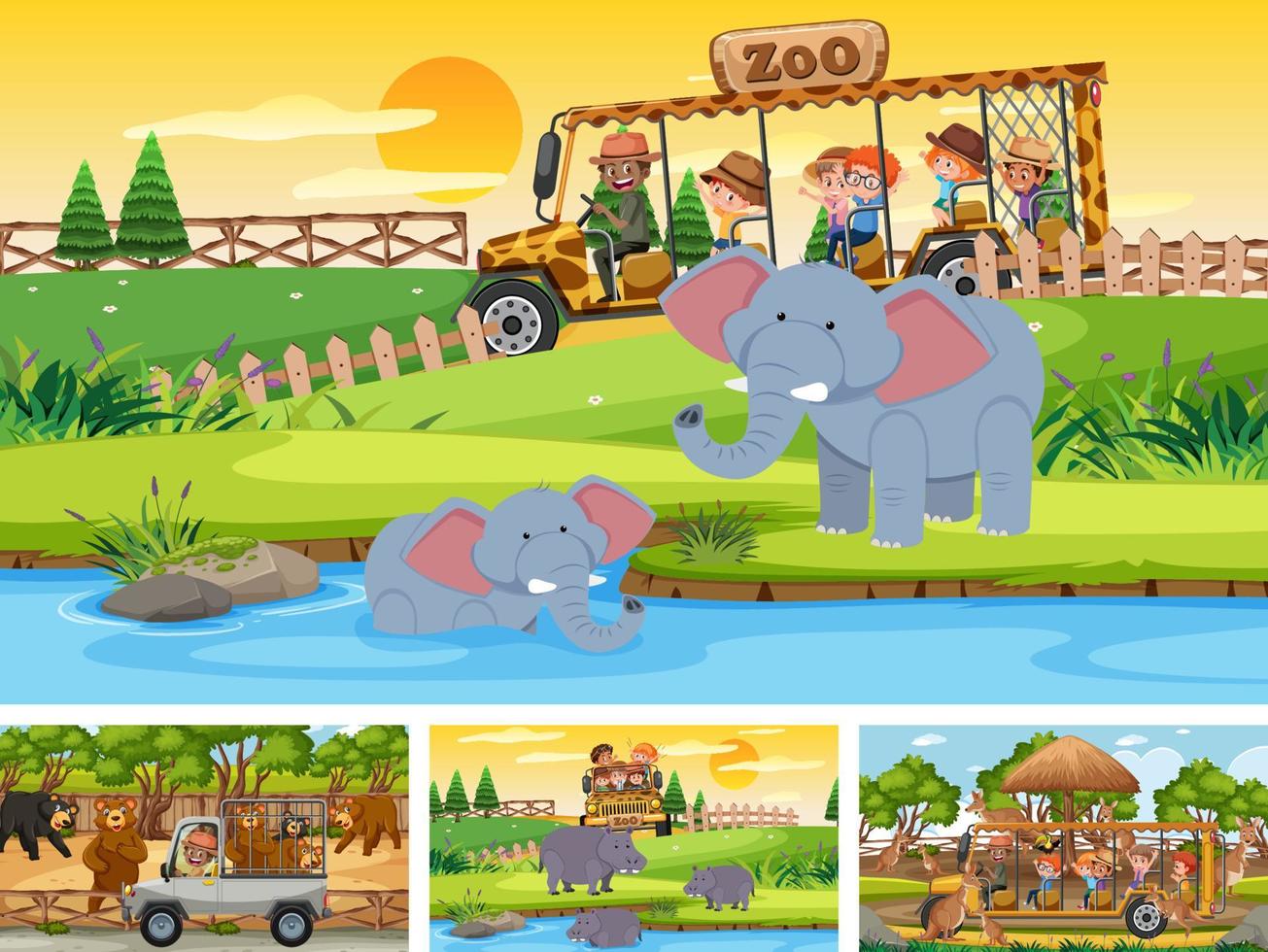 Set of different scenes with pirate ship at the sea and animals in the zoo vector