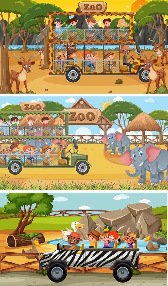 Conjunto de diferentes escenas horizontales de safari con personajes de dibujos animados de animales y niños vector