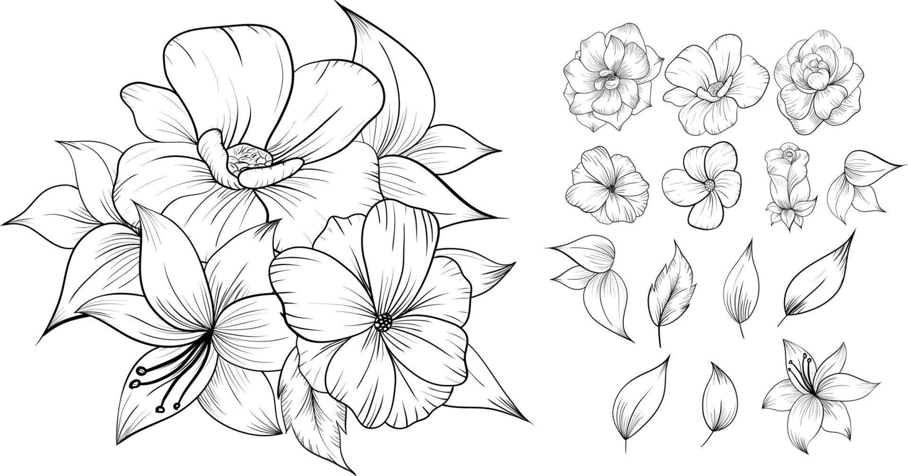 line art flower bouquet set vector