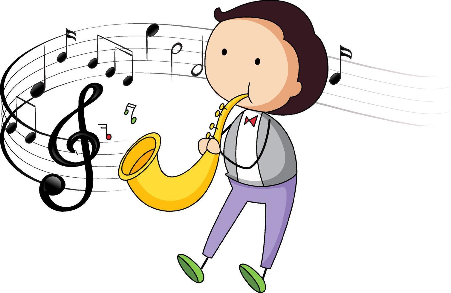 Doodle personaje de dibujos animados de un hombre tocando el saxofón con símbolos de melodía musical vector