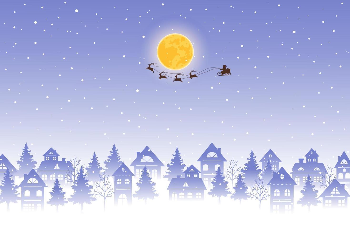 Papá Noel volando sobre los tejados con renos en el fondo de la noche de invierno vector