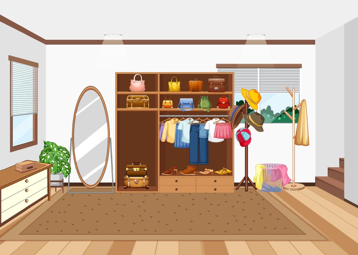Escena de la habitación con armario y accesorios para niños. vector