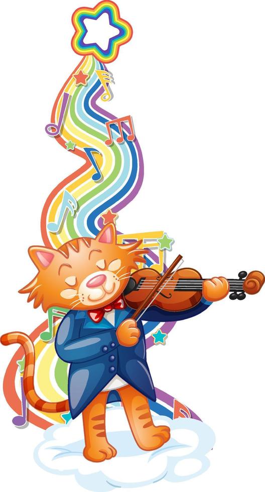 Cat playing violin with melody symbols on rainbow wave vector