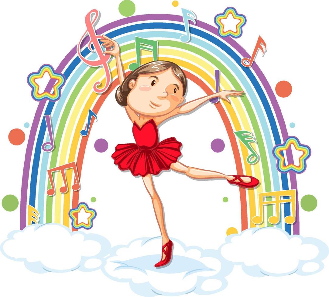 Ballerina dancing on the cloud with melody symbols on rainbow vector