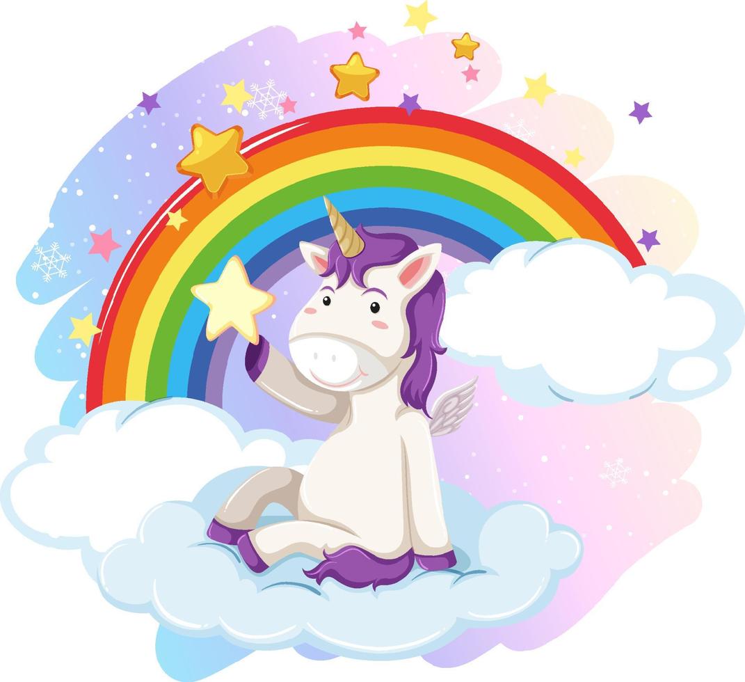 Cute unicorn in the pastel sky with rainbow vector