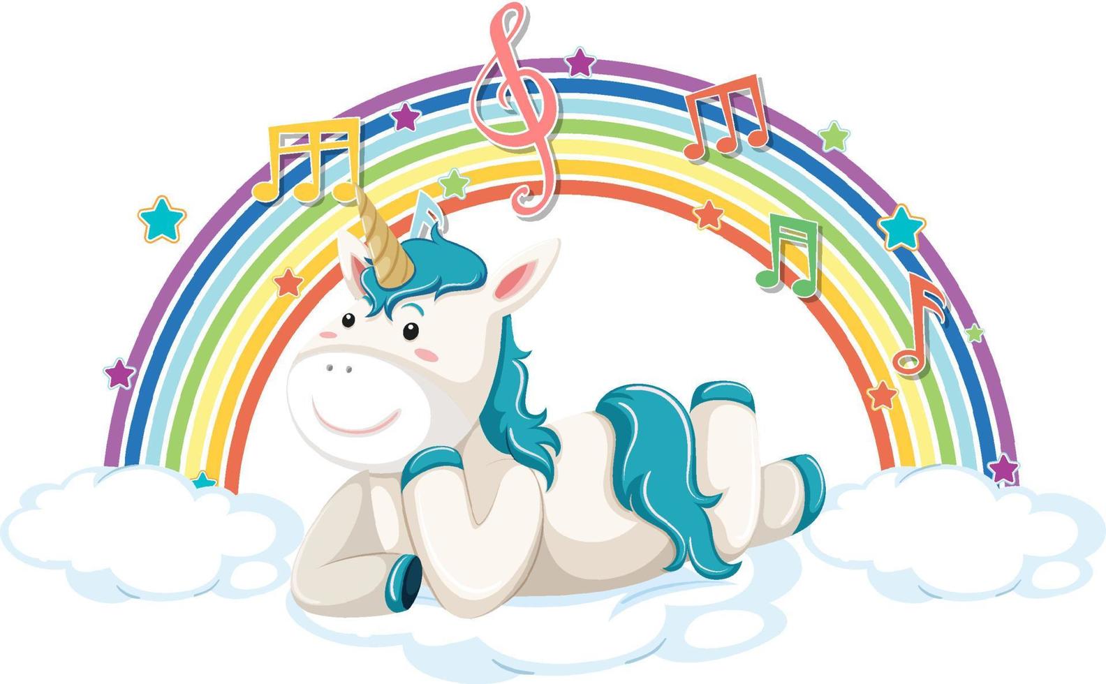 Unicorn laying on cloud with rainbow and melody symbol vector