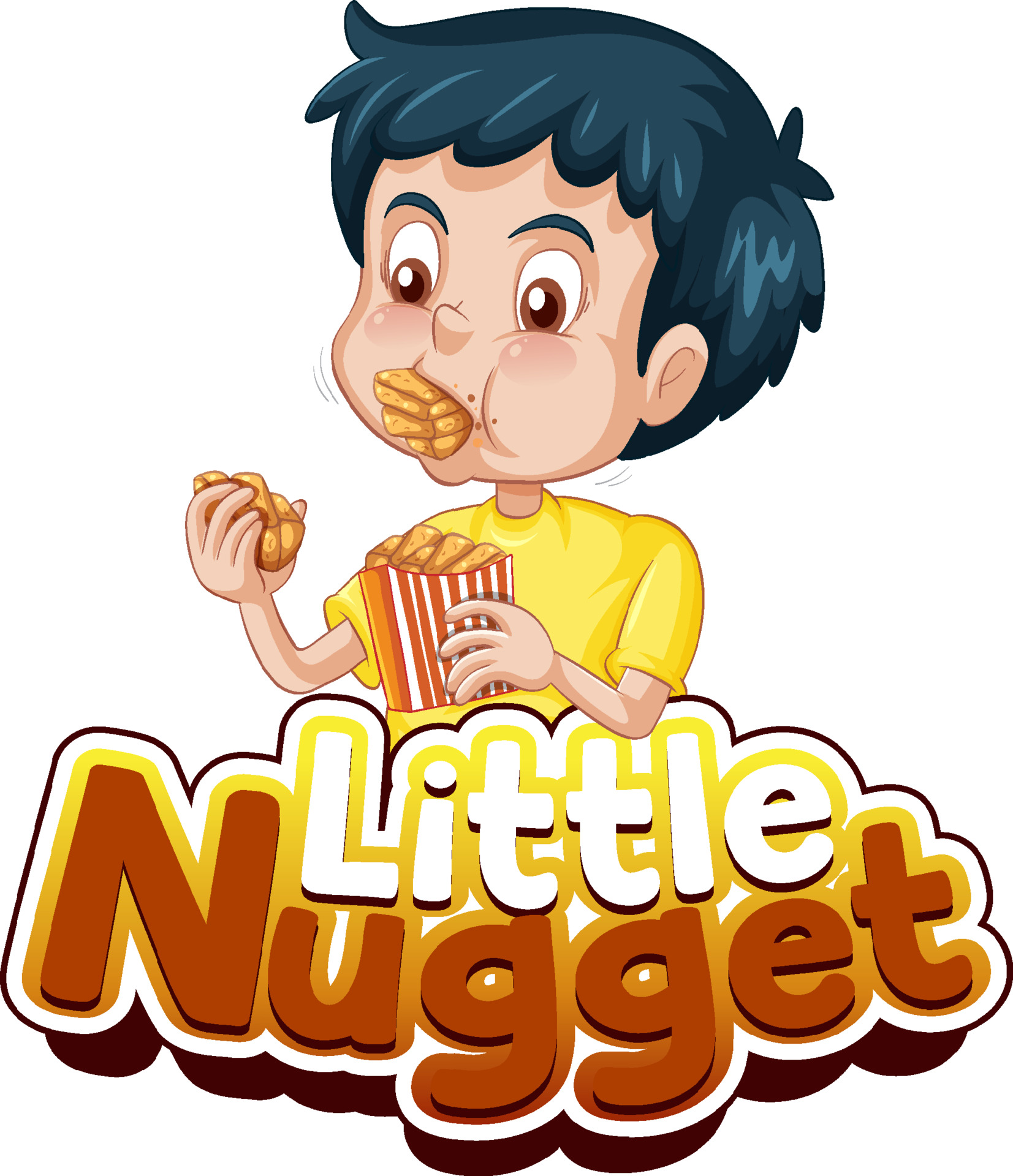 Little Nugget logo text design with a boy eating chicken nuggets