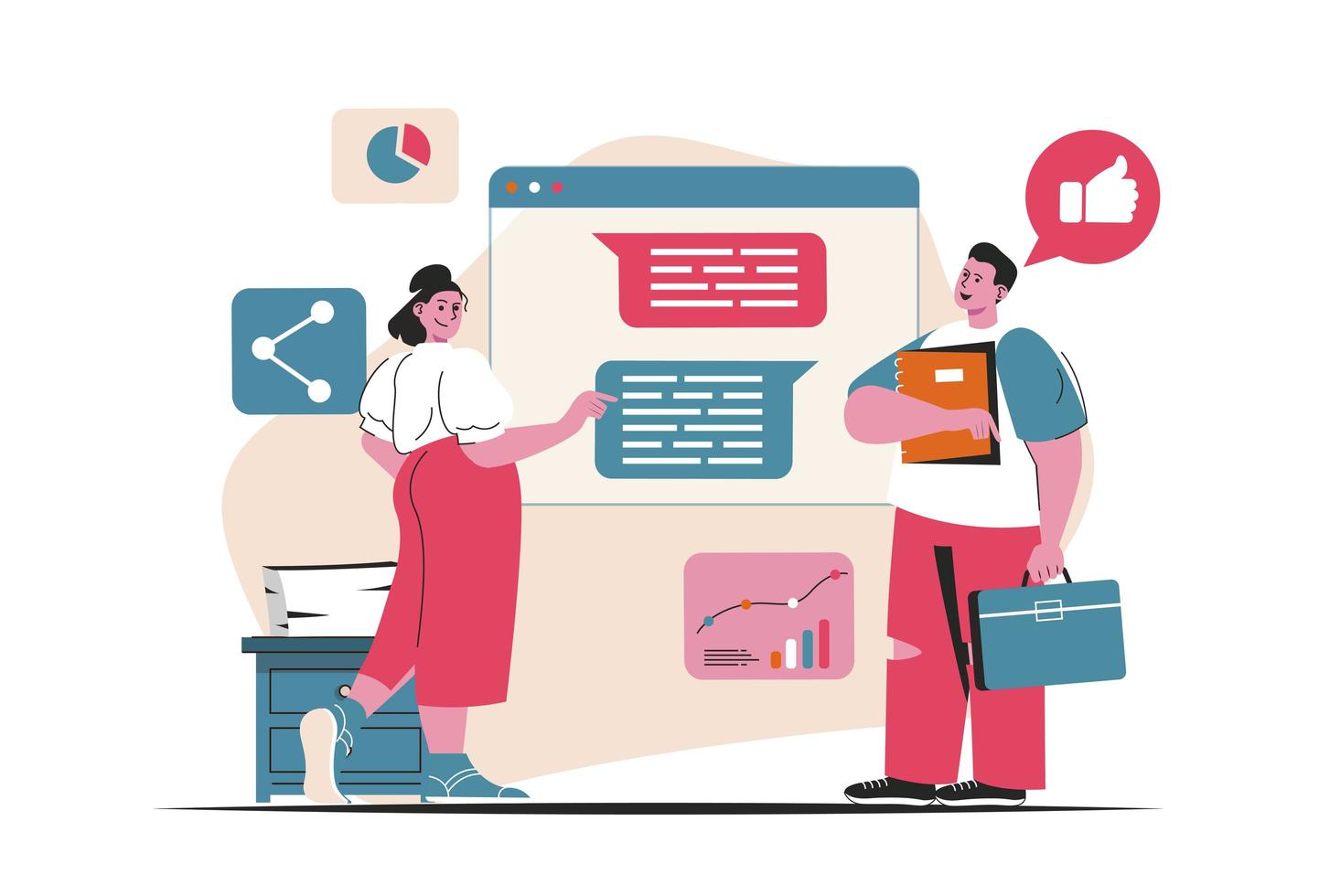 Digital marketing concept isolated. Online advertising and promotion, communication. People scene in flat cartoon design. Vector illustration for blogging, website, mobile app, promotional materials.