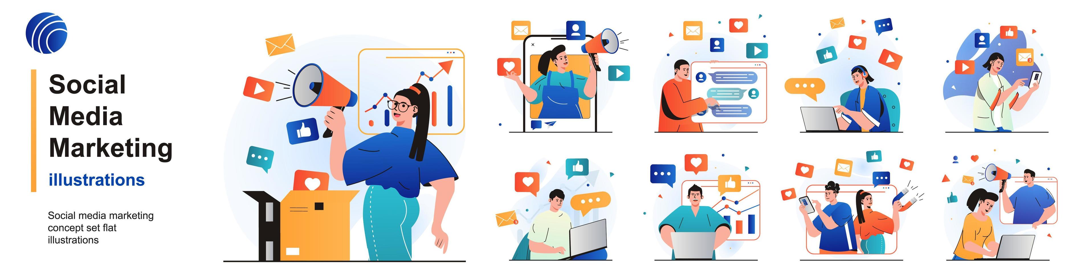 Social media marketing isolated set. Online promotion, business communication. People collection of scenes in flat design. Vector illustration for blogging, website, mobile app, promotional materials.