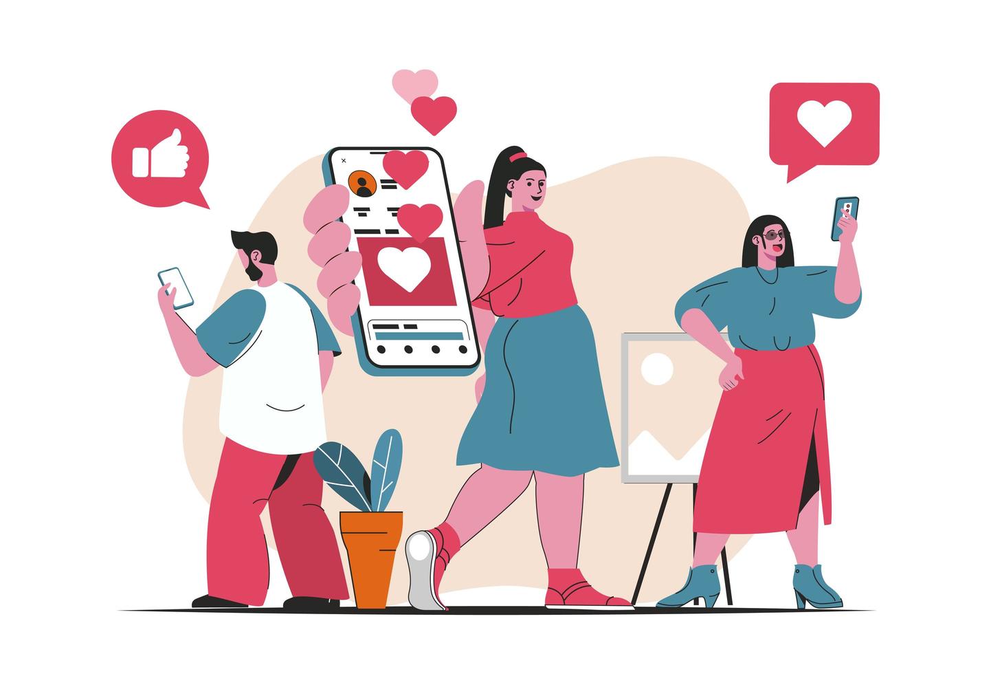 Social network concept isolated. Social media users chat, like, post in mobile app. People scene in flat cartoon design. Vector illustration for blogging, website, mobile app, promotional materials.