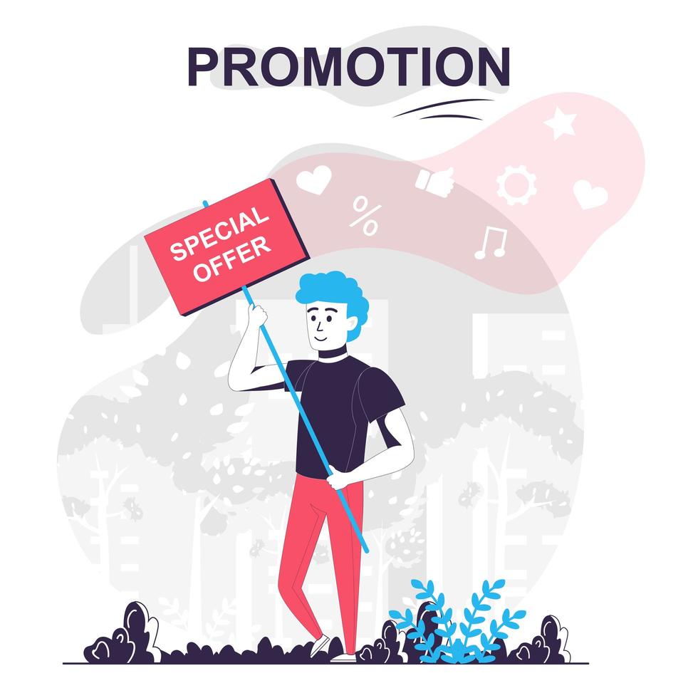 Promotion isolated cartoon concept. Man announces special offer, attracts buyers, marketing people scene in flat design. Vector illustration for blogging, website, mobile app, promotional materials.