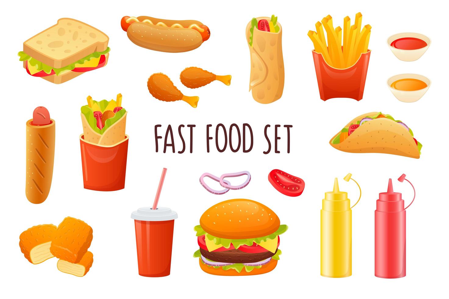 Fast food icon set in realistic 3d design. Bundle of sandwich, hot dog, fries, tacos, soda, hamburger, sauces and other. Unhealthy menu collection. Vector illustration isolated on white background