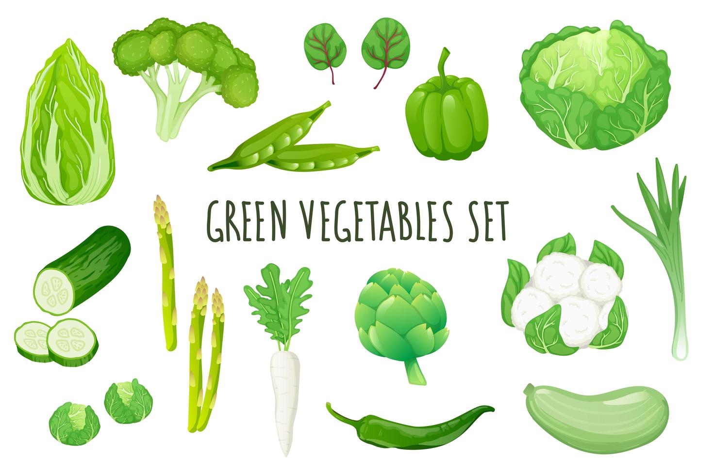 Green vegetables icon set in realistic 3d design. Bundle of cabbage, broccoli, peas, pepper, cucumber, zucchini and other. Vegetarian menu collection. Vector illustration isolated on white background